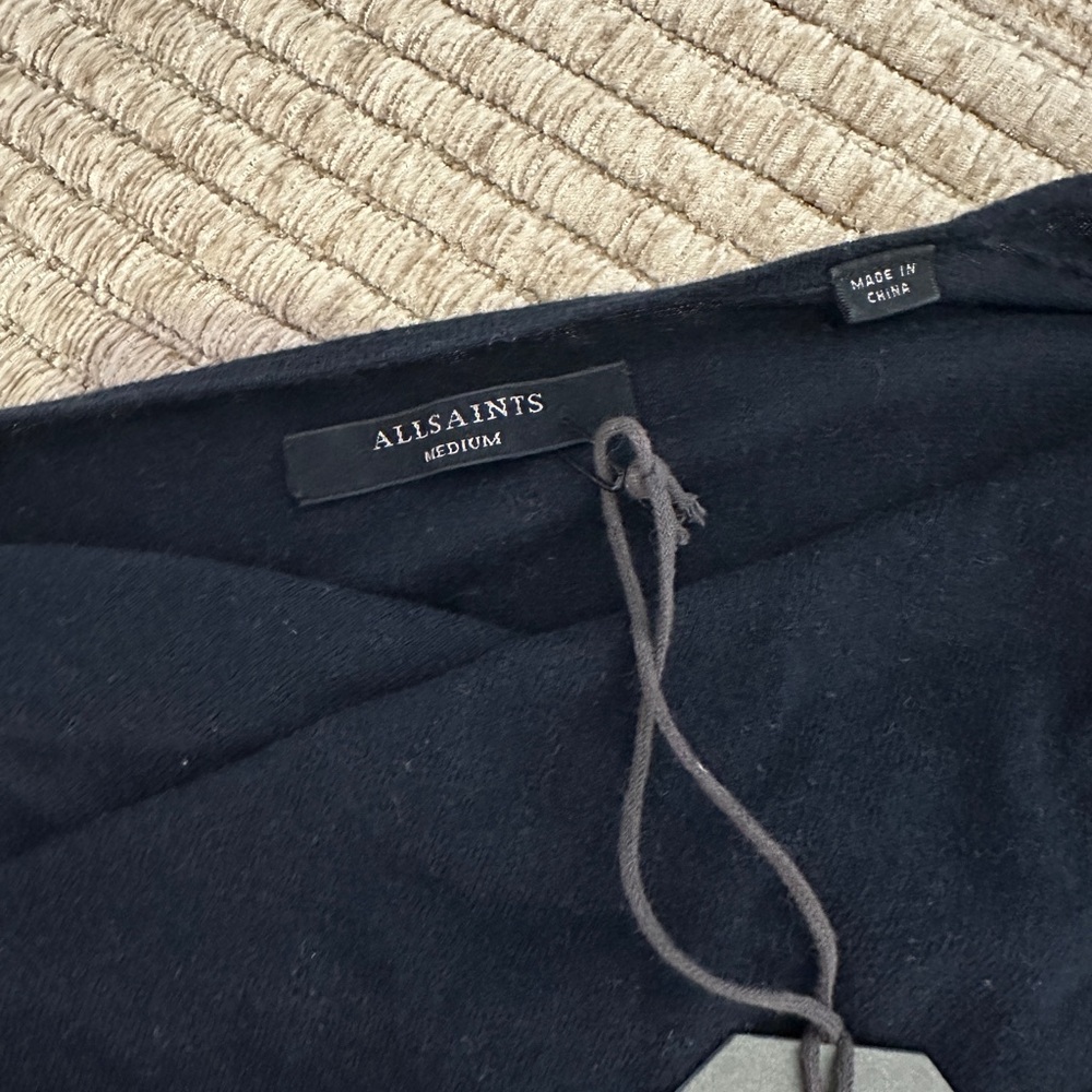 AllSaints asymmetric drape-front top in dark blue. - Picture 2 of 4